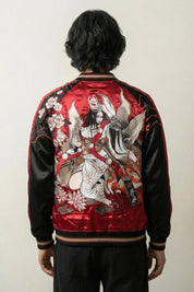 Sukajan Akuma no Hana rouge, broderie dos d'un guerrier monté lancé au galop parmi les fleurs, blouson souvenir japonais - Japanstreet