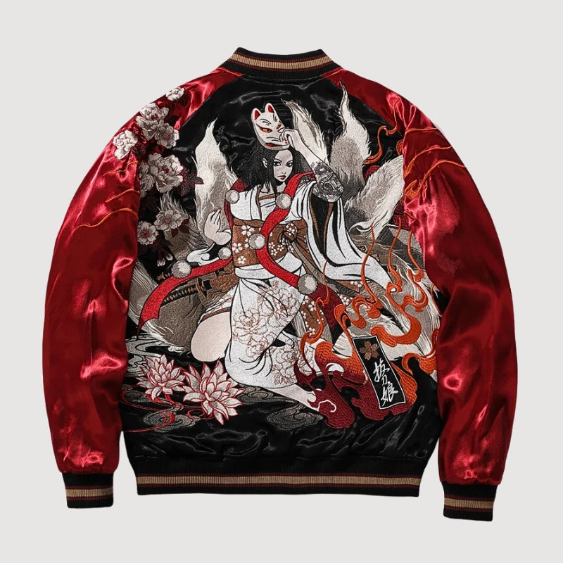 Sukajan Kitsune Akuma no Hana rouge polyester broderie japonaise streetwear japonais Japanstreet