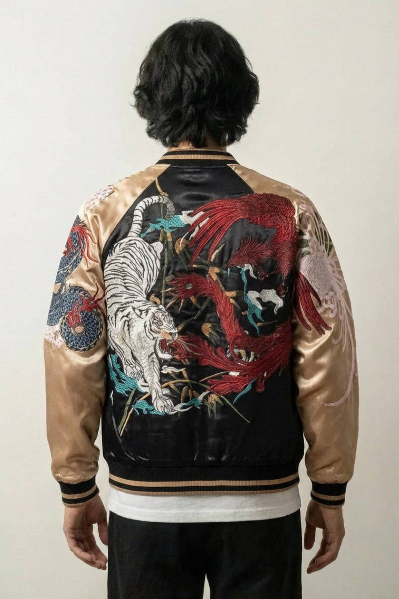 Sukajan Byakko no Hi kaki, broderie dos du tigre blanc gardien de l'Ouest face à un dragon, blouson souvenir japonais - Japanstreet