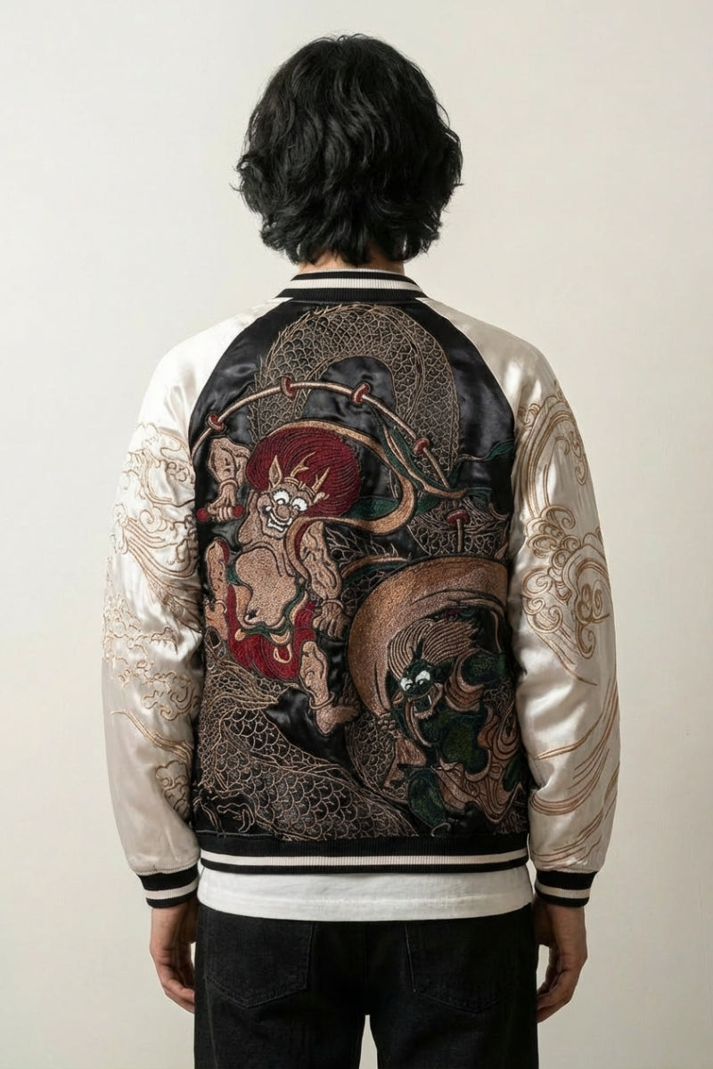 Sukajan Yokai Japonais Fujin Raijin blanc polyester broderie japonaise streetwear japonais Japanstreet
