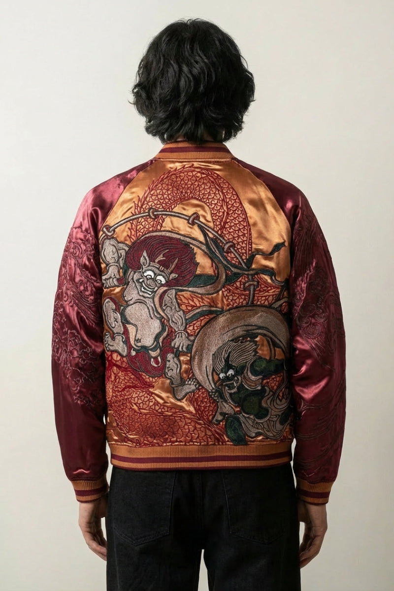 Sukajan Yokai Japonais Fujin Raijin rouge polyester broderie japonaise streetwear japonais Japanstreet