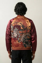 Sukajan Fujin Raijin rouge, broderie dos des dieux du vent et du tonnerre avec dragon, blouson souvenir japonais - Japanstreet