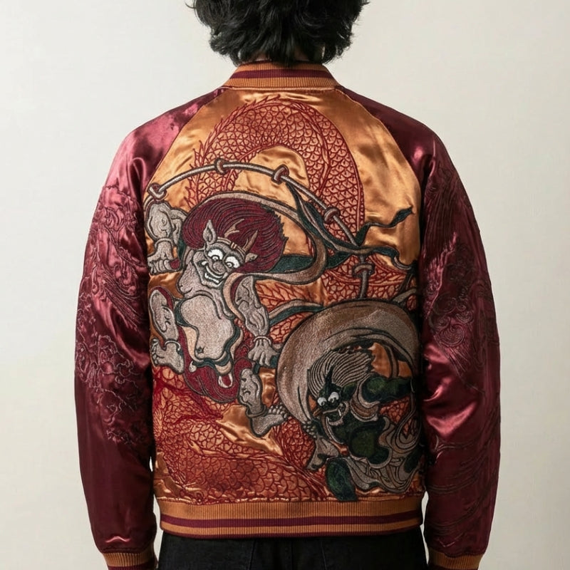 Sukajan Fujin Raijin rouge, broderie dos des dieux du vent et du tonnerre avec dragon, blouson souvenir japonais - Japanstreet