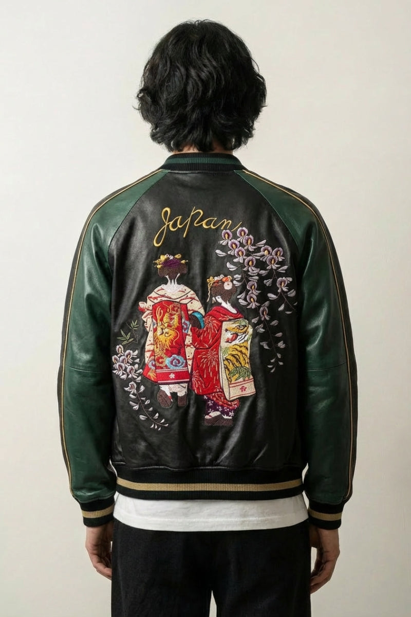 Sukajan Hanamachi vert, broderie dos de deux figures en kimono sous une pluie de glycines, blouson souvenir japonais - Japanstreet