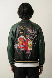 Sukajan Hanamachi vert, broderie dos de deux figures en kimono sous une pluie de glycines, blouson souvenir japonais - Japanstreet