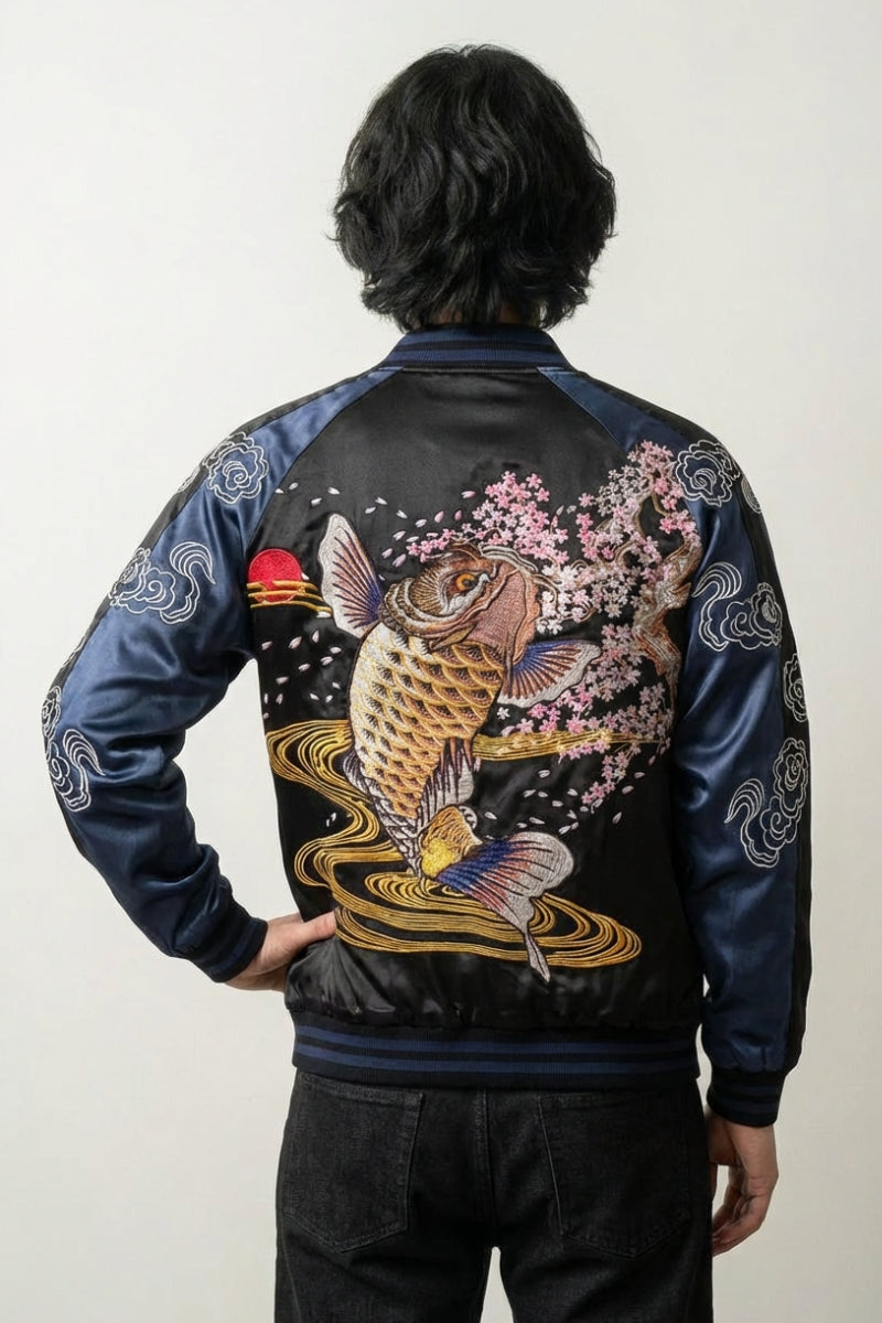 Sukajan Koi Hanami no Taki bleu polyester broderie japonaise streetwear japonais Japanstreet