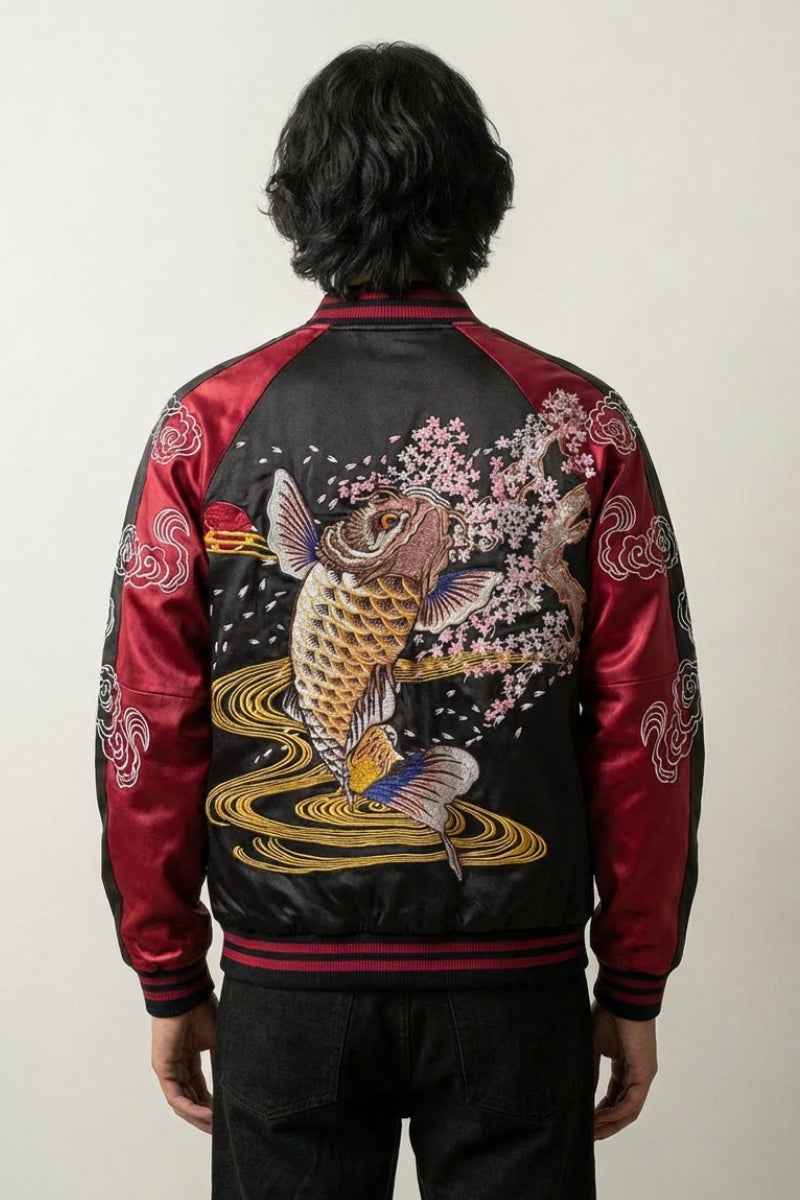 Sukajan Koi Hanami no Taki rouge, broderie dos de carpes koï remontant une cascade sous les cerisiers, blouson souvenir japonais - Japanstreet
