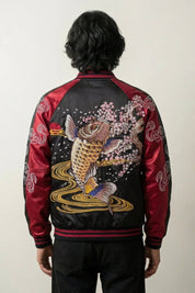 Sukajan Koi Hanami no Taki rouge, broderie dos de carpes koï remontant une cascade sous les cerisiers, blouson souvenir japonais - Japanstreet