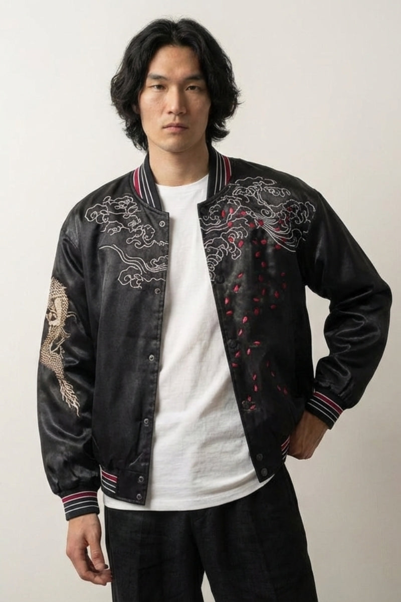 Sukajan Dragon Noir Kuro Ryujin polyester broderie japonaise streetwear japonais Japanstreet