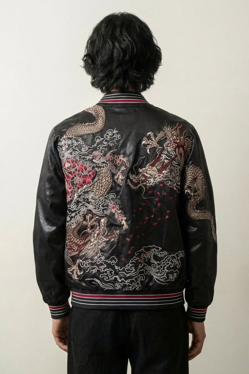 Sukajan Kuro Ryujin noir, broderie dos de deux dragons en miroir aux écailles argent et cuivre, blouson souvenir japonais - Japanstreet