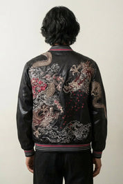 Sukajan Kuro Ryujin noir, broderie dos de deux dragons en miroir aux écailles argent et cuivre, blouson souvenir japonais - Japanstreet