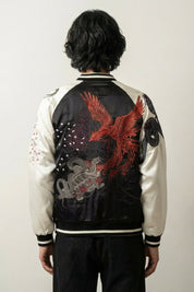 Blouson sukajan vintage Mainoho écru, broderie dos d'un aigle rouge fondant aux ailes déployées, blouson souvenir japonais - Japanstreet