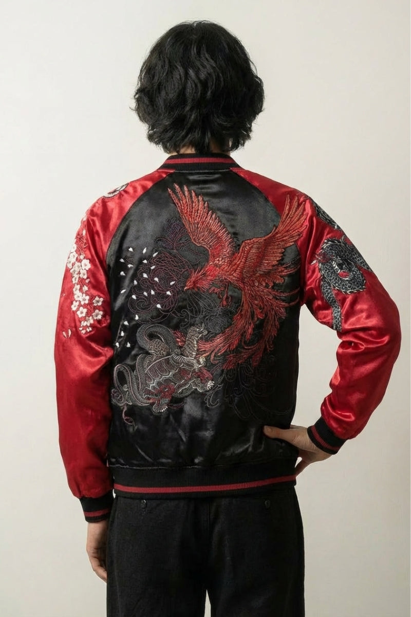Blouson Sukajan Vintage Mainoho Bordeaux polyester broderie japonaise streetwear Japanstreet
