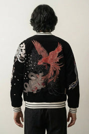 Sukajan Okaryu velours noir, broderie dos d'un phénix hō-ō rouge au-dessus d'une tortue et de cerisiers, blouson souvenir japonais - Japanstreet