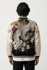 Jacket sukajan Omotesando écru, broderie dos d'un phénix coloré aux ailes déployées parmi les cerisiers, blouson souvenir japonais - Japanstreet