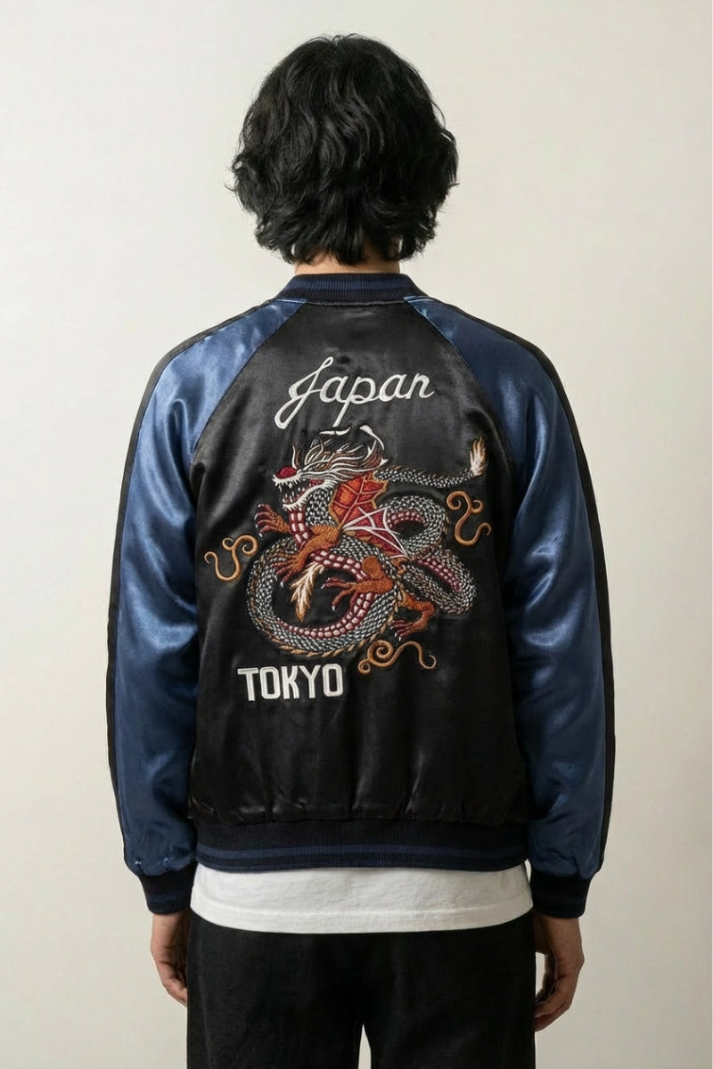 Sukajan Raijin no Tora bleu marine, broderie dos d'un dragon rouge sous le lettrage Japan Tokyo, blouson souvenir japonais - Japanstreet