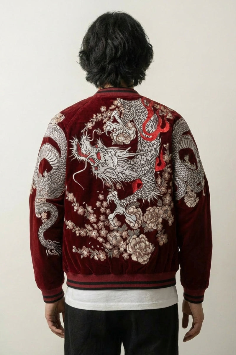 Sukajan Bomber Jacket Ryu Bushido Bordeaux polyester broderie japonaise streetwear Japanstreet