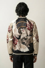 Veste sukajan Shirokage écru, broderie dos d'une divinité guerrière rouge chevauchant une bête parmi les fleurs, blouson souvenir japonais - Japanstreet