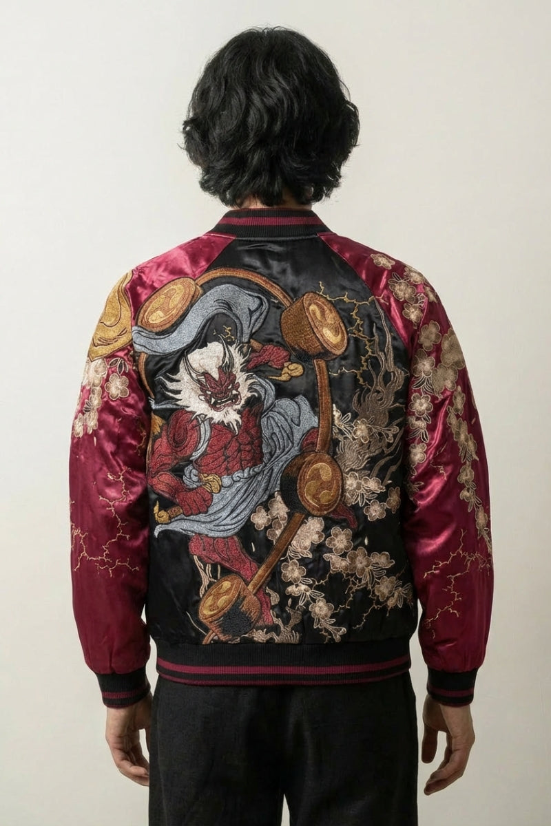 Sukajan Raijin Homme Ten no Ikazuchi rouge polyester broderie japonaise streetwear japonais Japanstreet