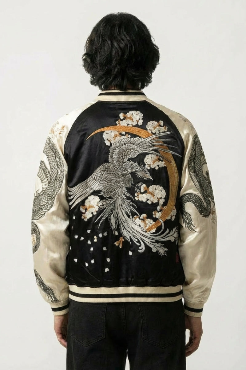 Sukajan Satori Yokosuka noir, broderie dos d'un phénix doré aux ailes déployées sous un croissant de lune, blouson souvenir japonais - Japanstreet