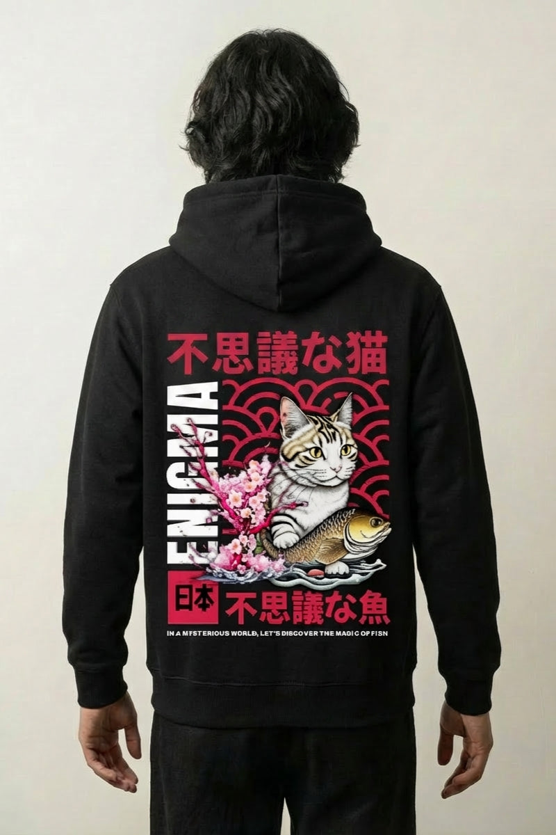 Sweat à capuche japonais noir, vue dos : chat, kanji et vague stylisée, style streetwear japonais - Japanstreet