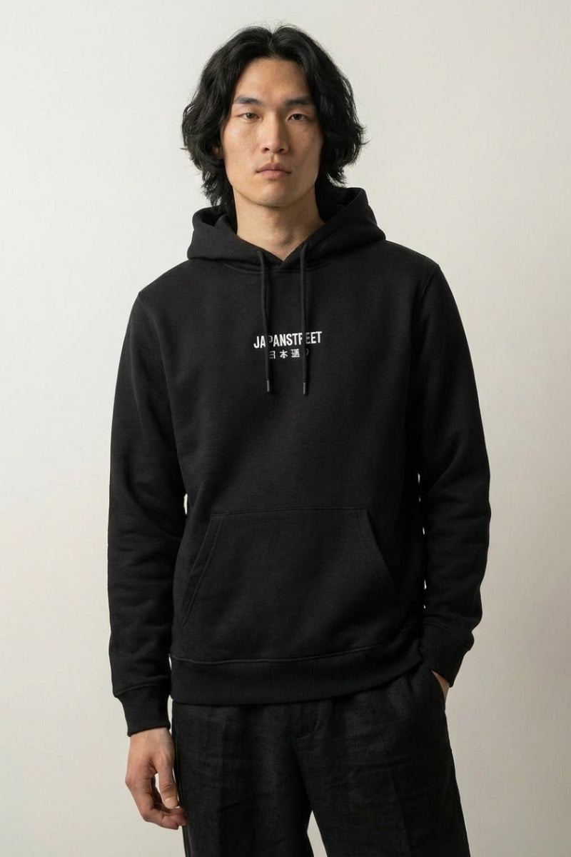 Sweat à capuche japonais Dento noir vue de face style minimaliste streetwear Japanstreet