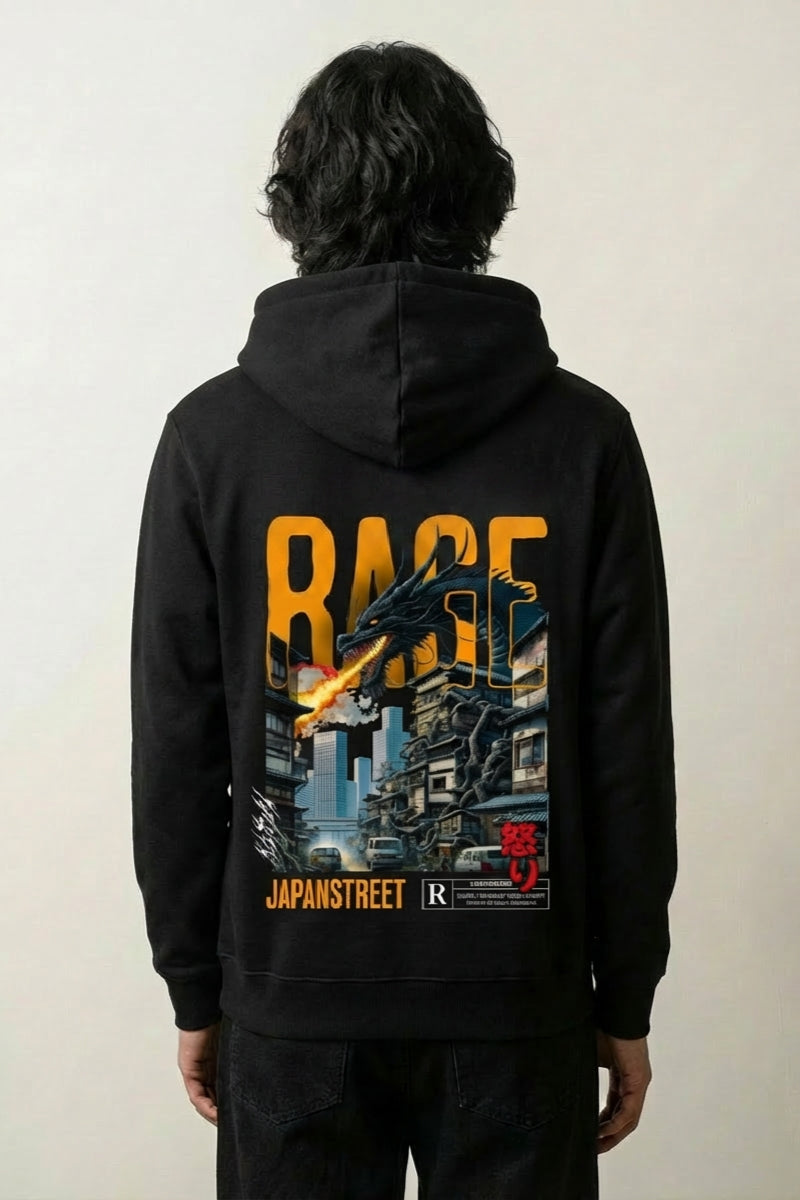 Sweat à capuche dragon noir, vue dos : dragon en furie fondant sur une ville, style streetwear japonais - Japanstreet