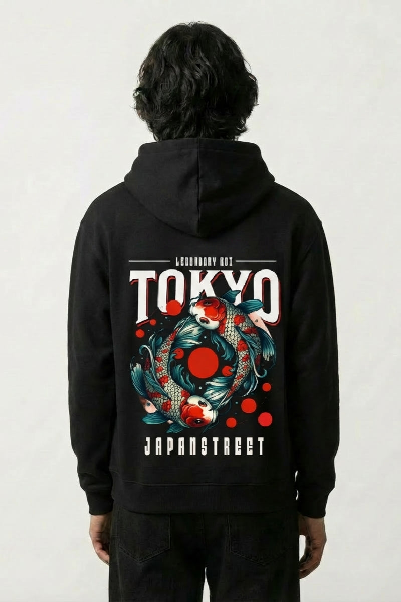 Sweat carpe koï noir, vue dos : carpe jaillissante sous un soleil rouge et lettrage Tokyo, style streetwear japonais - Japanstreet