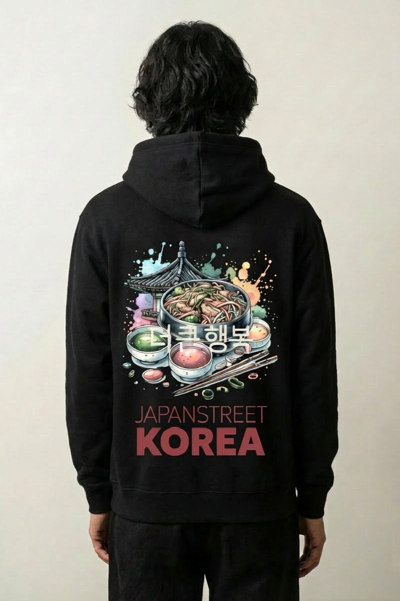 Sweat coréen noir, vue dos : bols de cuisine coréenne korea recipes et pagode, style streetwear japonais - Japanstreet