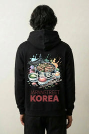 Sweat coréen noir, vue dos : bols de cuisine coréenne korea recipes et pagode, style streetwear japonais - Japanstreet