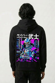 Sweat cyberpunk noir, vue dos : samouraï squelette sous les néons d'une ville futuriste, style streetwear japonais - Japanstreet