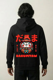 Sweat daruma noir, vue dos : daruma et chat porte-bonheur réunis, style streetwear japonais - Japanstreet