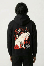 Sweat dessin japonais noir, vue dos : loup blanc parmi des fleurs de cerisier et kanji, line art, style streetwear japonais - Japanstreet