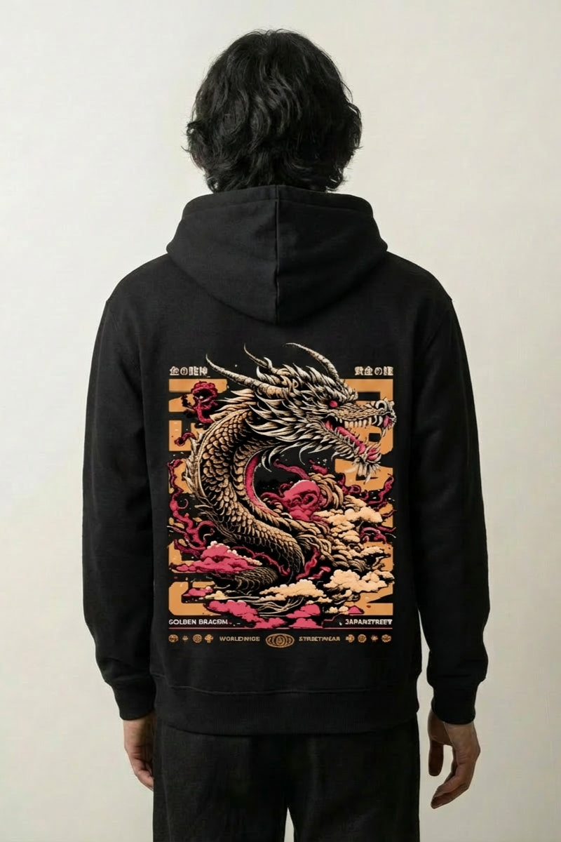Sweat dragon japonais noir, vue dos : dragon doré dans le style mythologique du ryu, style streetwear japonais - Japanstreet