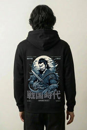 Sweat écriture japonaise noir, vue dos : calligraphie au pinceau et figure de samouraï, style streetwear japonais - Japanstreet