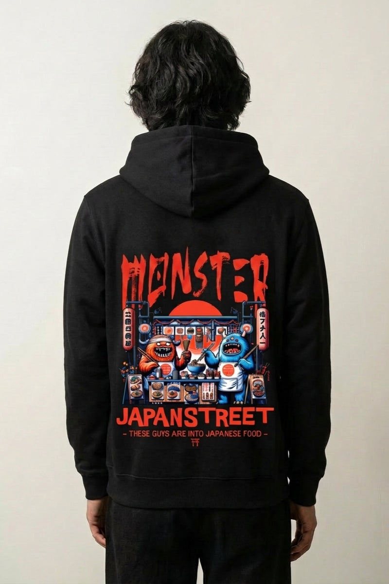 Sweat food truck japonais noir, vue dos : food truck monster sous un grand soleil rouge, style streetwear japonais - Japanstreet