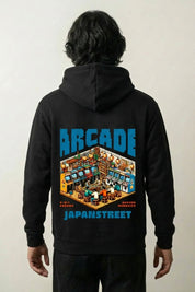 Sweat gaming noir, vue dos : salle d'arcade rétro, esprit 8-bit dreams, style streetwear japonais - Japanstreet