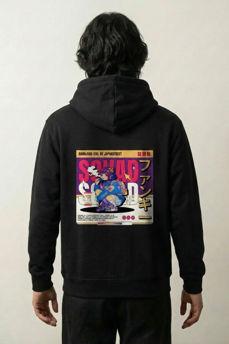 Sweat Harajuku noir, vue dos : bande de personnages funky colorés, style streetwear japonais - Japanstreet
