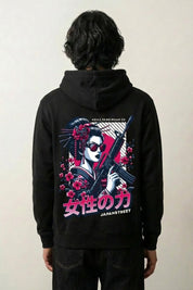 Sweat urbain japonais noir, vue dos : figure féminine rebelle armée, esprit rebellewear, style streetwear japonais - Japanstreet