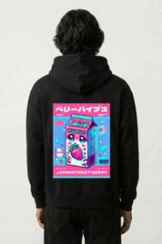 Sweat kawaii noir, vue dos : brique de lait à la fraise façon berry, esthétique mignonne, style streetwear japonais - Japanstreet