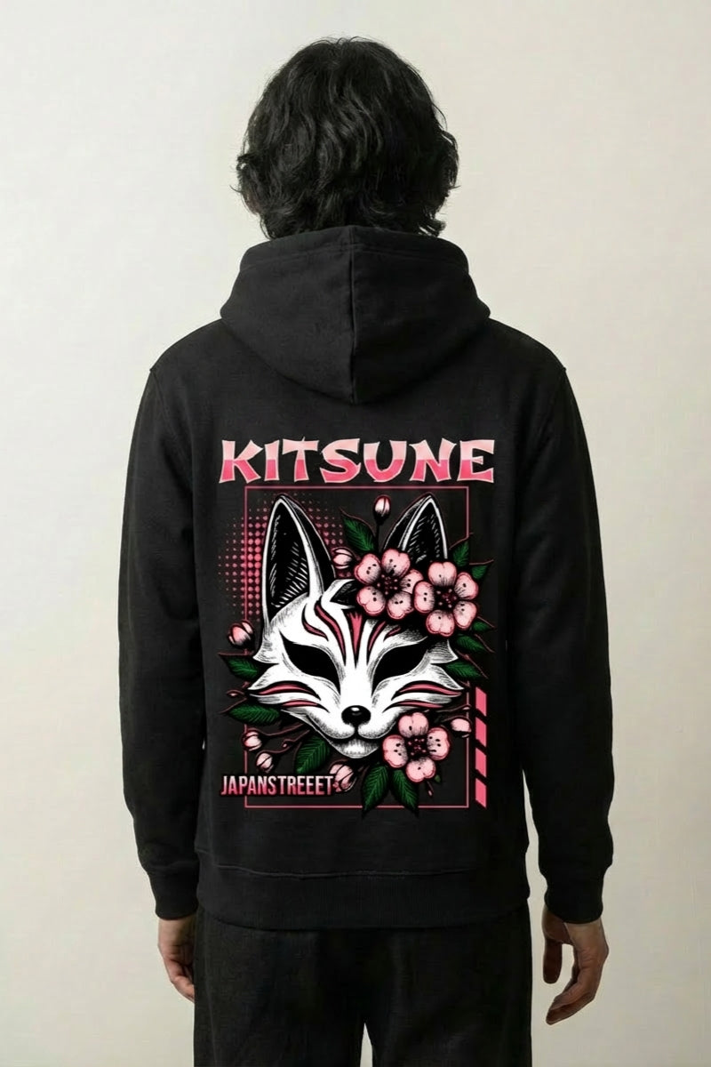 Sweat kitsune noir, vue dos : masque de renard et fleurs de cerisier, style streetwear japonais - Japanstreet