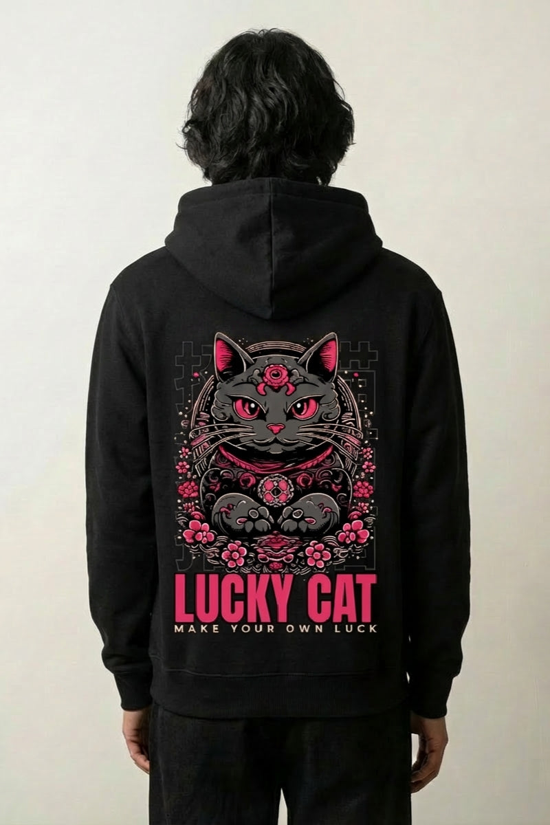 Sweat maneki neko noir, vue dos : chat porte-bonheur lucky cat patte levée, style streetwear japonais - Japanstreet