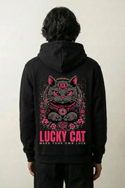 Sweat maneki neko noir, vue dos : chat porte-bonheur lucky cat patte levée, style streetwear japonais - Japanstreet