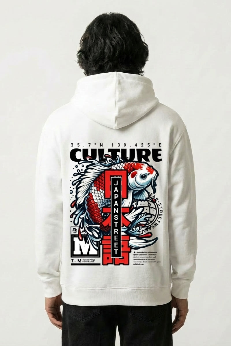 Sweat molleton japonais blanc, vue dos : carpe koï japanstreet edition, style streetwear japonais - Japanstreet
