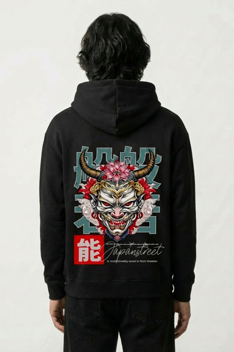Sweat motif japonais noir, vue dos : grand masque hannya à cornes du théâtre nô, style streetwear japonais - Japanstreet