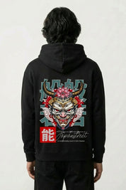 Sweat motif japonais noir, vue dos : grand masque hannya à cornes du théâtre nô, style streetwear japonais - Japanstreet