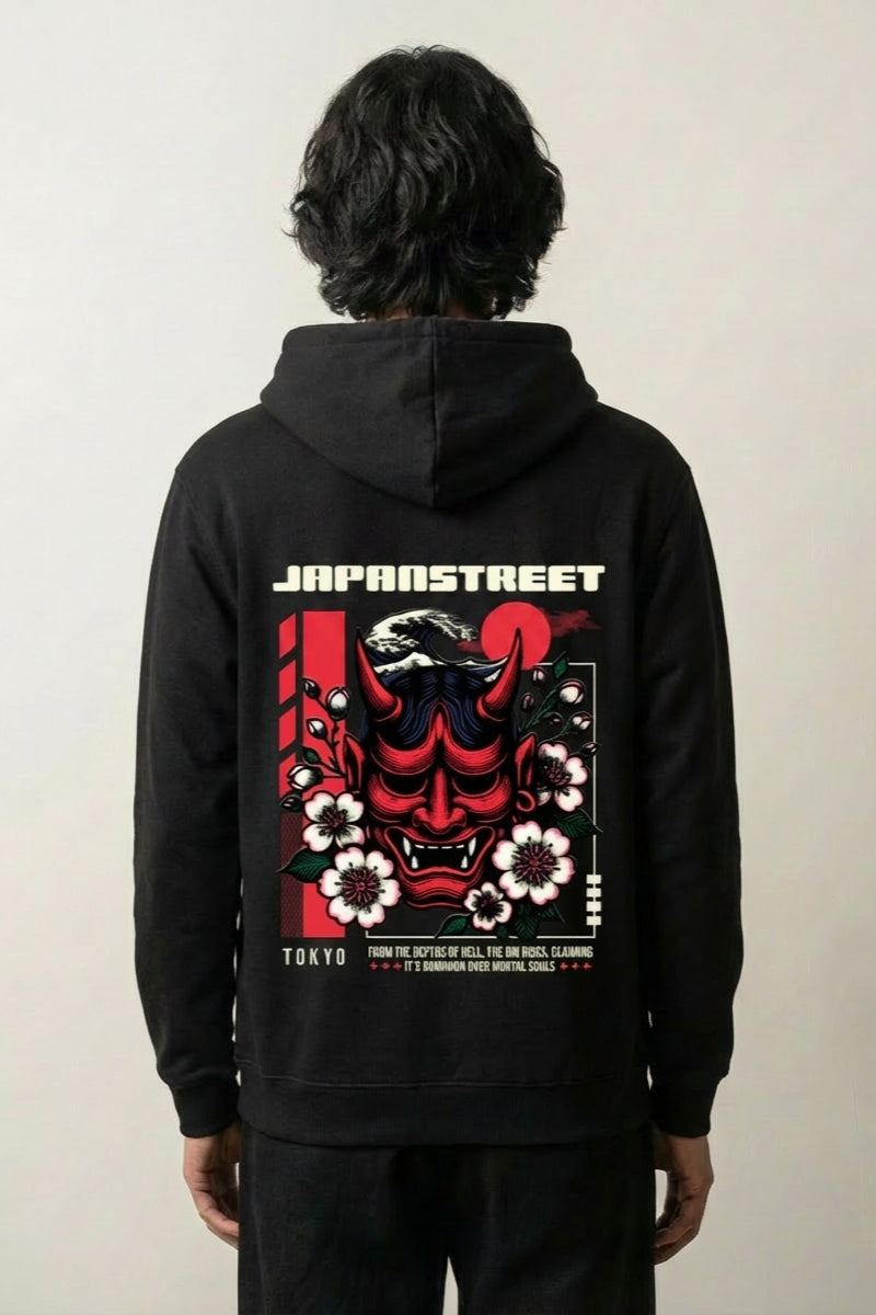 Sweat oni noir, vue dos : masque hannya rouge et fleurs de cerisier, style streetwear japonais - Japanstreet
