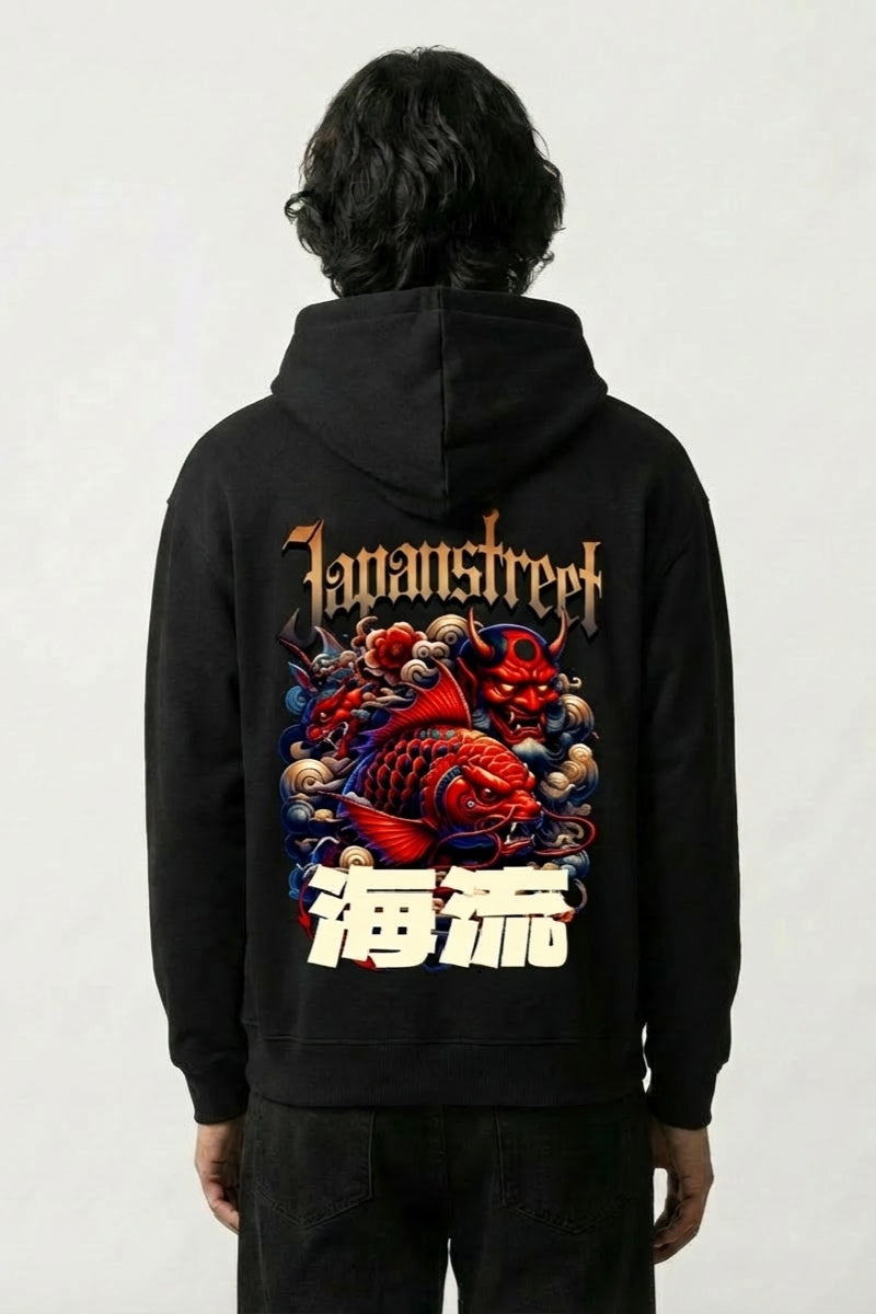 Sweat oversize japonais noir, vue dos : oni et carpe koï rouge, style streetwear japonais - Japanstreet