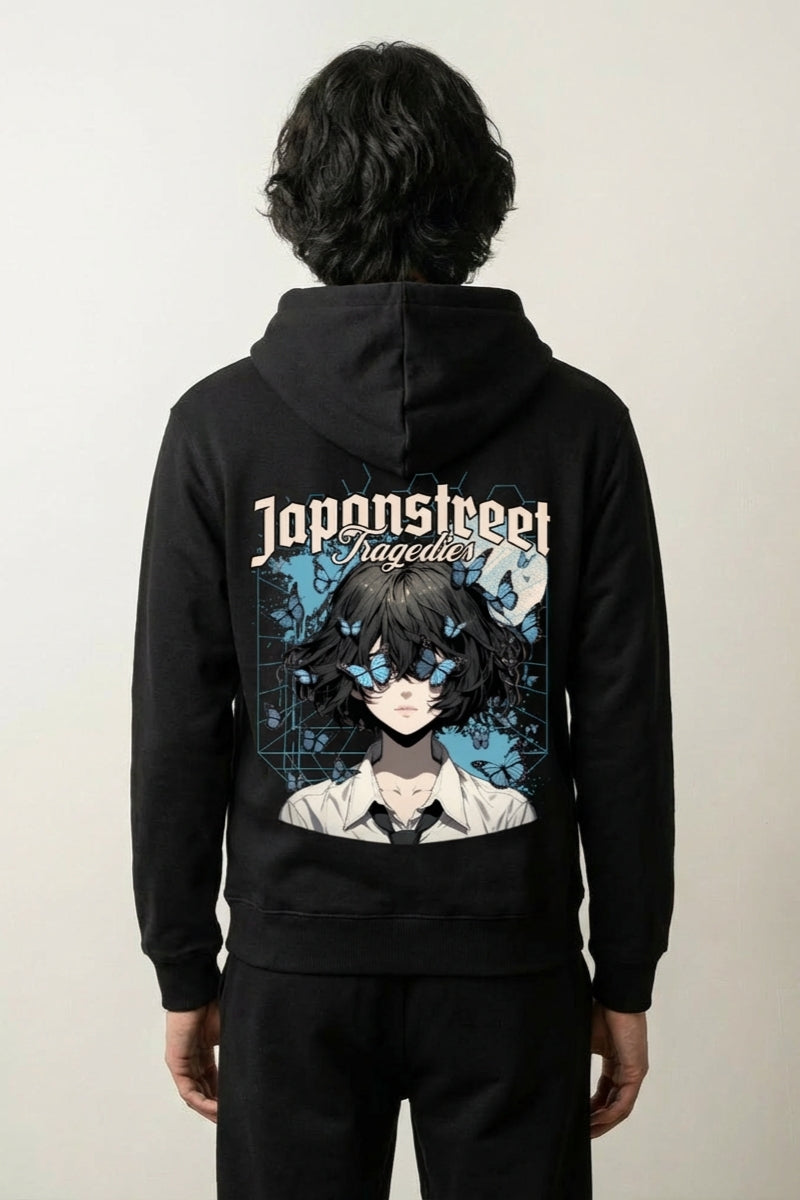 Sweat papillon noir, vue dos : papillons bleus et personnage au trait manga, style streetwear japonais - Japanstreet