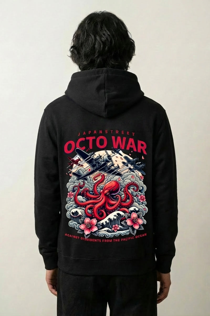 Sweat poulpe japonais noir, vue dos : pieuvre dans les vagues, esprit octo war, style streetwear japonais - Japanstreet